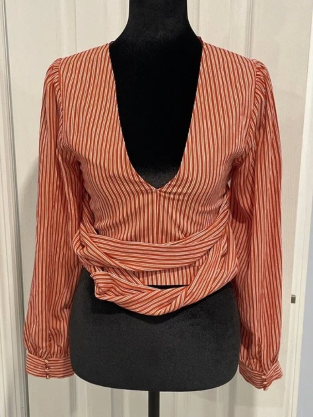 Chriselle x J.O.A. Women’s Rust Ivory Stripe Tie-Front Blouse NWT XS